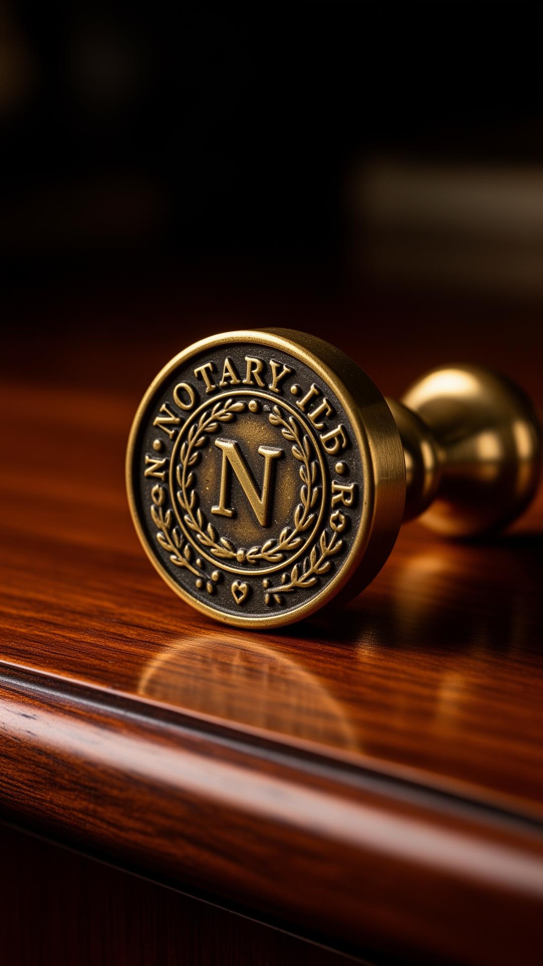 Brass notary seal on walnut desk